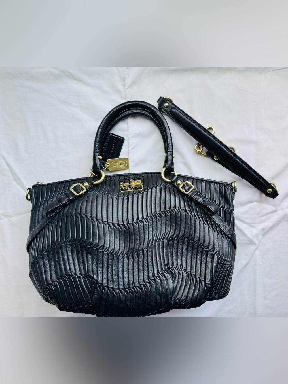 Coach Black Pleated Leather Shoulder Satchel with Gold Hardware